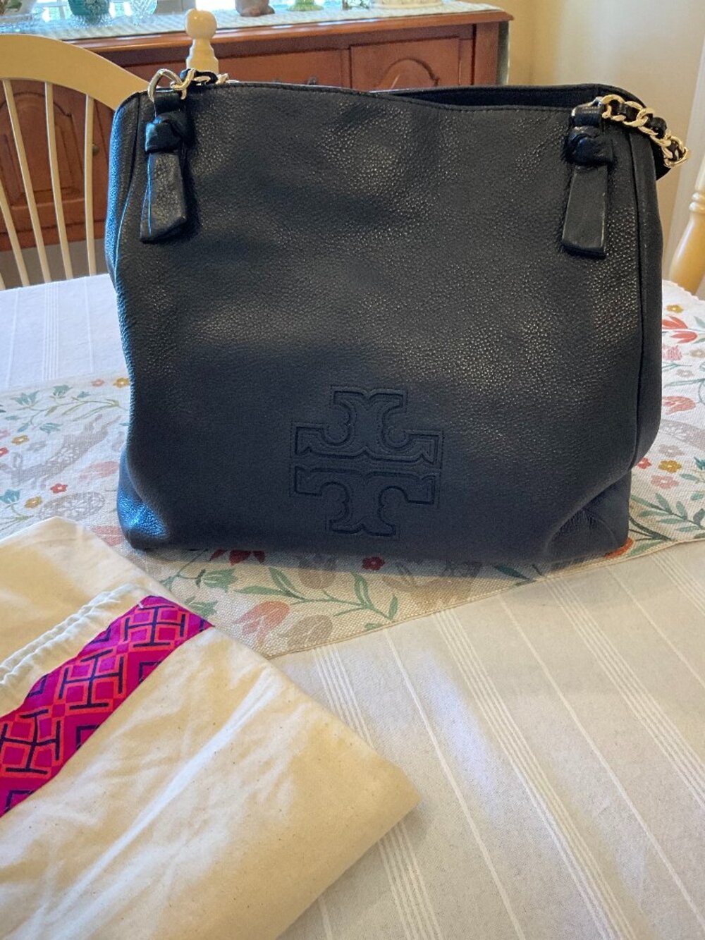 Tori Burch Harper Tote, Black Pebble Leather